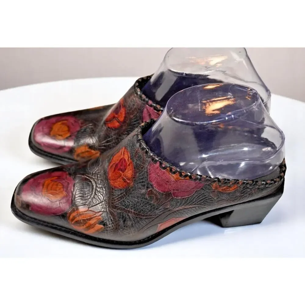 Vintage Floral Tooled Leather Mules Women 8 Handmade Brazil - Picture 2 of 10